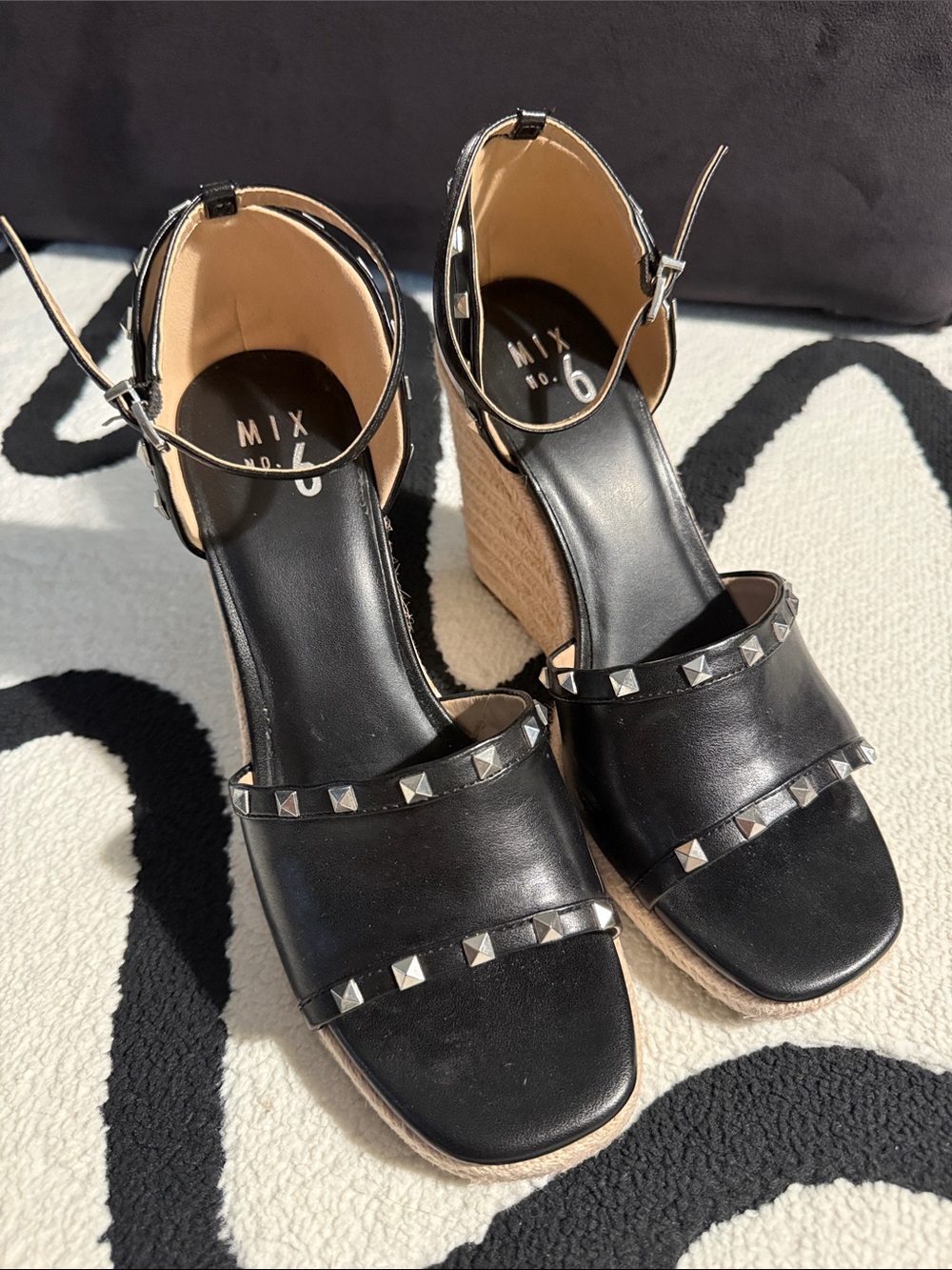 Mix No. 6 Black Studded Espadrille Wedge Sandals with Ankle Strap